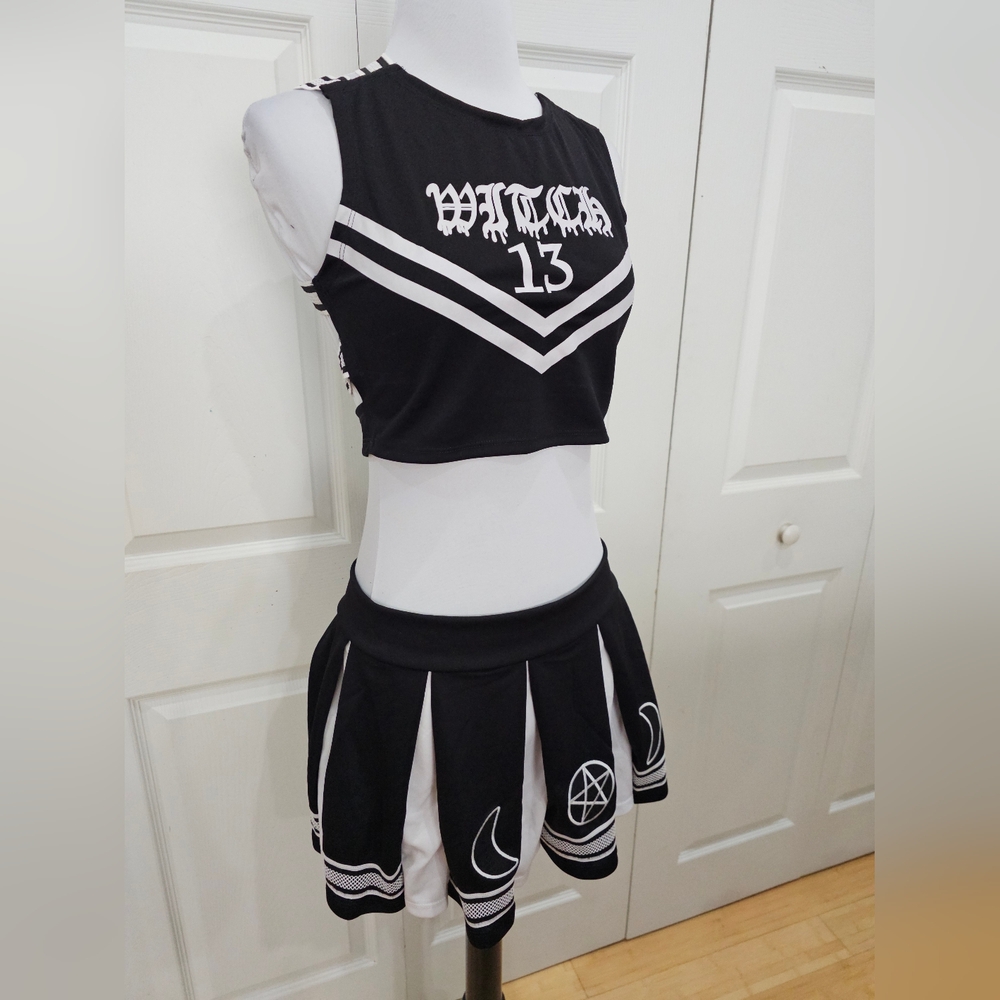 Dolls Kill Trickz N Treatz Black & White Witchy Coven Cheerleader Costume Set M - Picture 7 of 7
